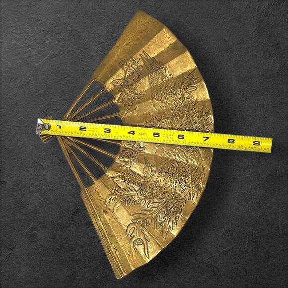Vintage Brass Wall Fan Asian Motif Cranes & Foliage Heavy 11" Mid-Century Decor - Picture 5 of 5